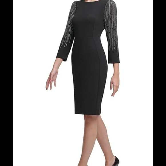 NWOT .. Calvin Klein Black Sheath Dress with Crew Neck and 3/4 Sleeves - Picture 1 of 16